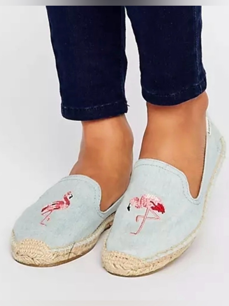 New Soludos Flamingo Embroidered Espadrilles Blue Pink Embroidered Shoes